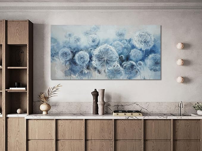 Arjun Large Wall Ar for Living Room, Dandelion Painting Flower Indigo Floral Canvas Art Wall Decor, Blue and White Textured Bedroom Artwork Framed for Home Office Oversize 58"x29"