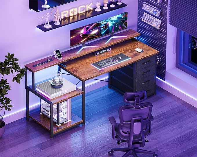 ODK 55 Inch Computer Desk with 4 Drawers, Office Desk with Power Outlets, Printer Shelf & Storage Shelves, Large Writing Study Table for Home, Bedroom, Study or Gaming Setup, Vintage