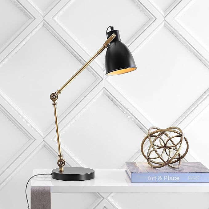 JONATHAN Y 24" Black/Brass Gold LED Metal Task Lamp, Modern Industrial Adjustable Desk Lamp for Home Office Bedroom, Silk-Wrapped Cord, UL Listed, LED Bulb Included JYL6003A