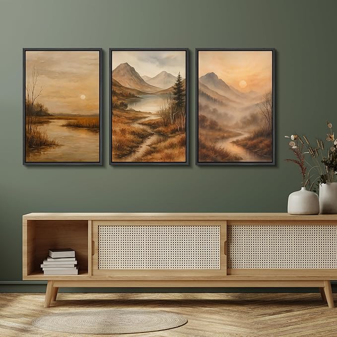 SIGNFORD Framed Wall Art Print Set Golden Hour Mountain River Serene Nature Landscape Digital Art Modern Art Contemporary for Living Room, Bedroom, Office - 16"x24"x3 Black