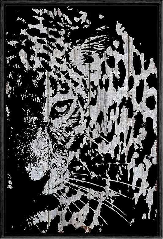 IDEA4WALL Framed Canvas Print Wall Art Grayscale Spotted Leopard on Light Wood Panels Animals WildLife Illustrations Modern Art Tropical Portrait for Living Room, Bedroom, Office - 24"x36" BLACK