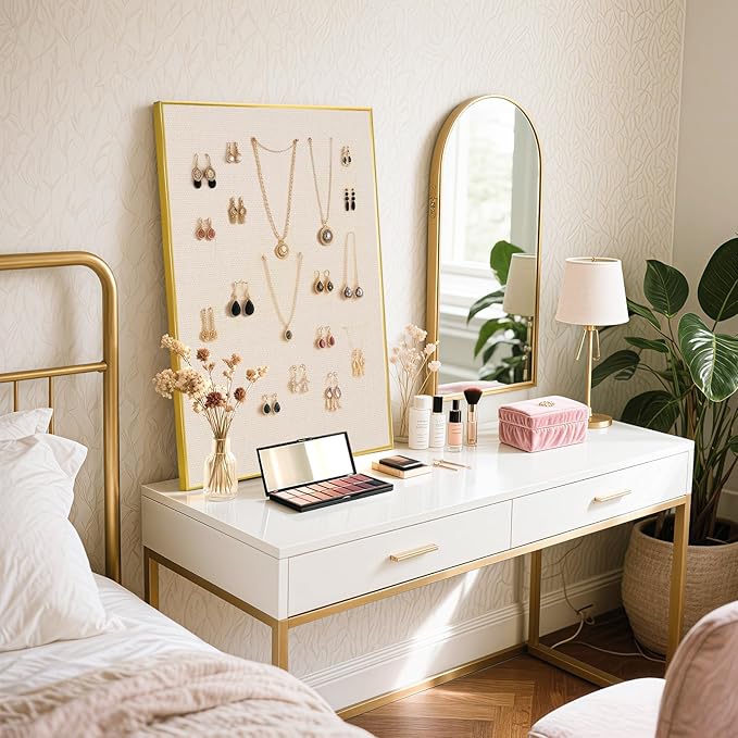 Linen Bulletin Board 36 x 24 Inches, White Cork Board for Wall, Gold Aluminum Framed Fabric Pin Board Tack Board, 10 Push Pins, Beige