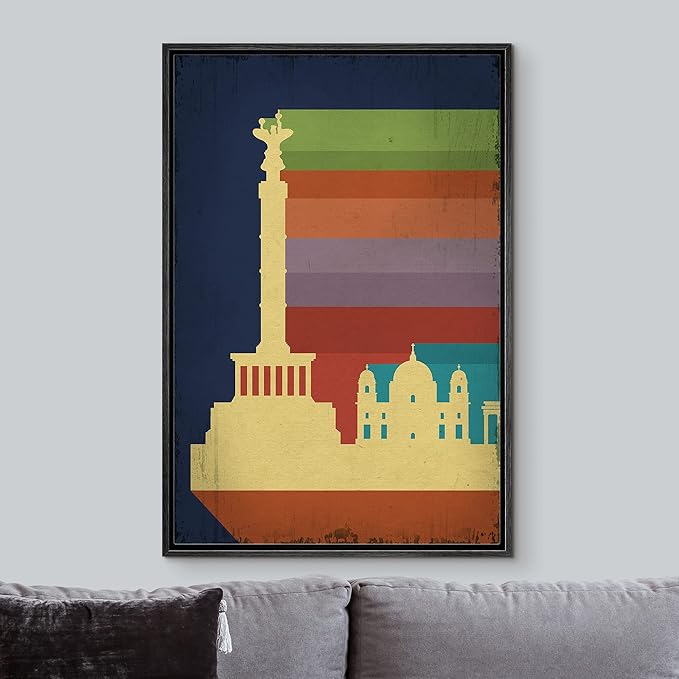 IDEA4WALL Framed Canvas Print Wall Art Retro Vintage Berlin Germany Poster Cultural Building Illustrations Modern Art Contemporary Scenic Warm for Living Room, Bedroom, Office - 24"x36" BLACK