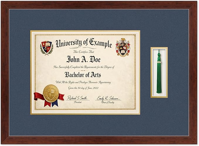 CountryArtHouse Diploma and Tassel Frame Fits 13 x 10 College Diploma (Traditional) with T Rustic Walnut Genuine Hardwood Shadowbox with Navy Blue Over Metallic Gold Double mat