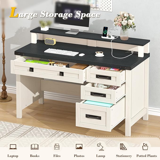 Farmhouse Computer Desk with Drawers, 47" Small Computer Desk with Power Outlets, Home Office Desk with Monitor Stand & 4 Drawers, Writing Study Table, Black & White