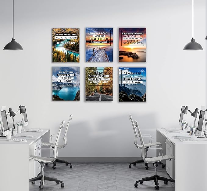 Inspirational Canvas Decoration Painting, landscape Canvas Wall Art，Suitable for Library, School, Gym,Office， Living Room Decor,6-Pack，Tabletop/Hanging(20.32 x 25.4 cm) Framed