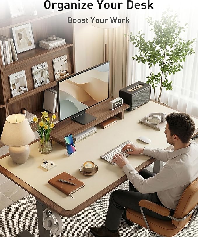 Aothia Faux Leather Desk Mat - Large Mouse Pad, Non-Slip PU Leather Blotter, Waterproof Writing Surface for Office and Home (Beige, 42" x 17")