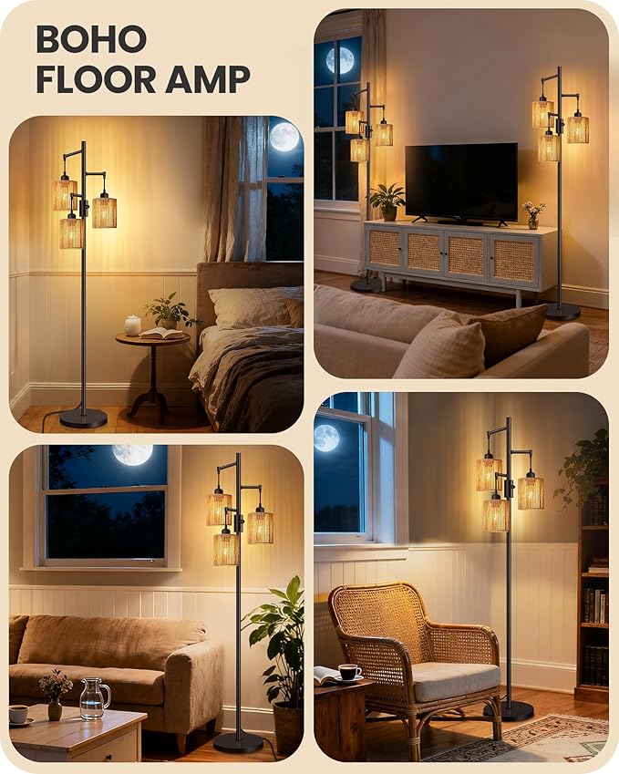 Dimmable Floor Lamp, Farmhouse Tall Standing 70.3" Tree Lamp with 3 Rope Woven Lampshades, Boho Rattan Floor Lights, 4W 3 LED Bulbs Included, for Living Room, Bedroom, Study, Office AB03LD05