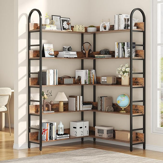 Semoic 5 Tiers Tall Corner Bookshelf, Large Heavy Duty Industrial Corner Bookcase with Metal Frame, L Shaped Bookshelves and Bookcases Etagere Bookcase Display Storage Shelves for Living Room, Brown