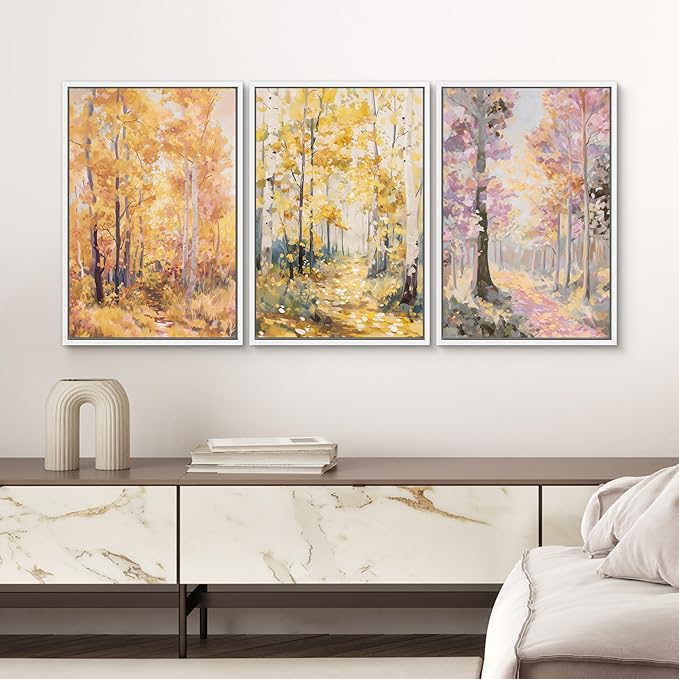SIGNWIN Framed Canvas Print Wall Art Set Golden Autumn Forest Watercolor Woodland Path Illustrations Modern Art Decorative Abstract for Living Room, Bedroom, Office - 16"x24"x3 White