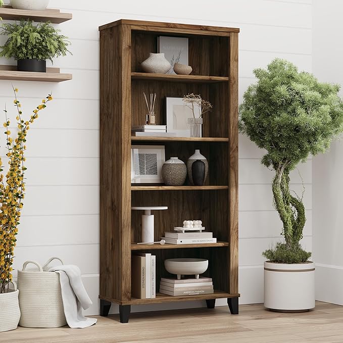 Bush Home Somerset 5 Shelf Bookcase in Fresh Walnut, Tall Bookshelf, Large Book Shelf for Living Room, Home Office, or Entryway