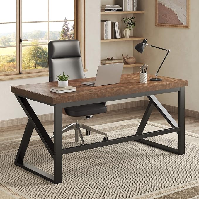 IBF Solid Real Wood 55 Inch Office Computer Desk, Rustic Writing Study Table for Student, Natural Wooden and Metal Gaming Home Office Desk, Rustic Industrial Executive Work Desk Workstation, Brown