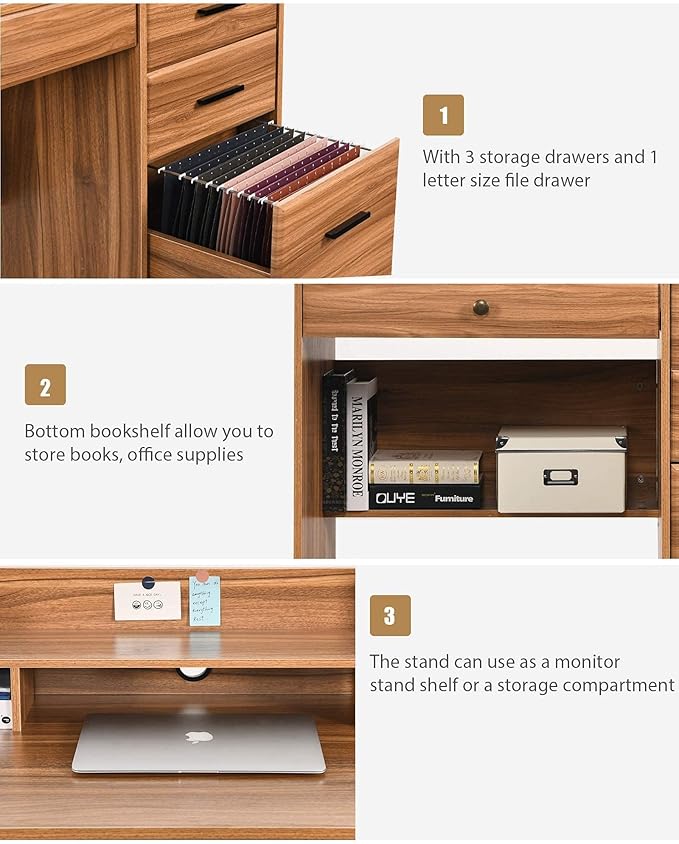 Catrimown Computer Desk with 4 Drawers and Hutch, Home Office Desk with File Drawer, 44” Rustic Oak Wood Desk, Study Table for Bedroom, Rustic Oak