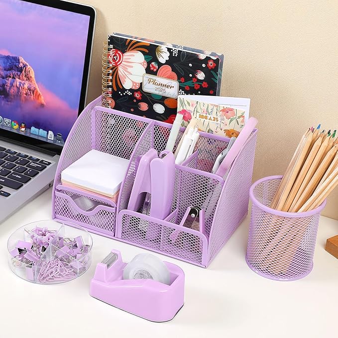 SKYDUE Purple Office Supplies, Purple Desk Organizer for Kids, Mesh Desk Organizer, Stapler, Tape Dispenser, Scissors, Binder/Paper Clips and 1000pcs Staples, Girls Desk Accessories