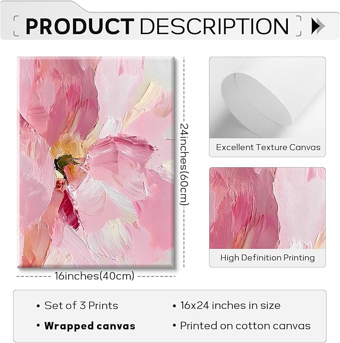 Abstract Floral Wall Art Pink Flower Canvas Pictures Modern Wall Decor Blush Pastel Pink Prints Peony Painting Minimalist Poster Botanical Artwork for Bedroom Living Room 16x24x3 Inch Ready to Hang