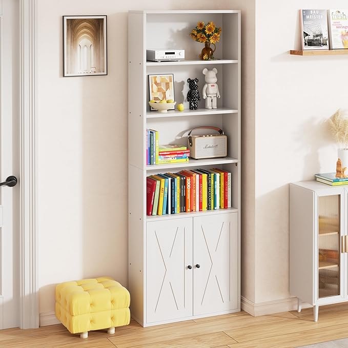 Vongrasig 6-Tier Open Bookcase and Bookshelf with Doors, Floor Standing Farmhouse Display Storage Shelves 71 Inch Wood Tall Bookcase for Home Office, Living Room, Bed Room, White