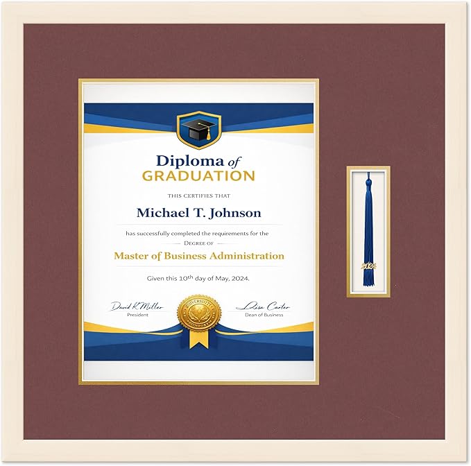 Diploma Frame with Tassel Holder Coastal Whitewash Shadowbox Dark Red Over Gold Mat - Fits 11 x 14 Degree Made in the USA