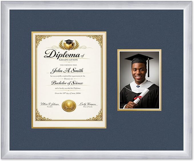 CountryArtHouse Fits 8.5 x 11 Certificate (Portrait) and 5 x 7 Photo Diploma and Photo Frame Stainless Silver Genuine Hardwood with Navy Blue Over Metallic Gold Double mat