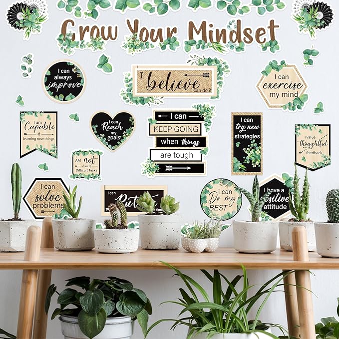 42Pcs Grow Your Mindset Bulletin Board Set Eucalyptus Leaves Greenery Paper Cutouts with 100Pcs Glue Points for Back to School Party Classroom Craft Wall Decor
