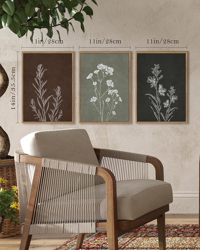 Drsoum Flower Wall Art Vintage Floral Minimalist Wall Hanging Decor Farmhouse Colorful Botanical Prints Artwork for Office Dining Room Hallway 11x14in Natural Framed