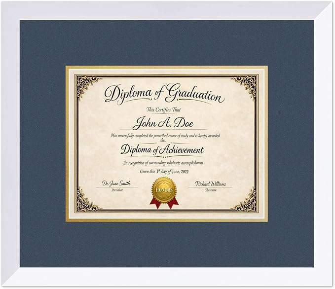 Diploma Frame Bright White with Navy Blue Over Gold Double Mat - Fits 11 x 8.5 US Letter Certificate Wall Display Made in the USA