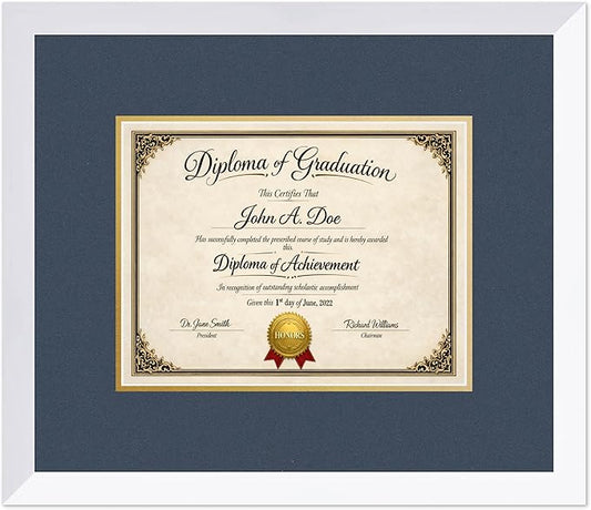 Diploma Frame Bright White with Navy Blue Over Gold Double Mat - Fits 11 x 8.5 US Letter Certificate Wall Display Made in the USA