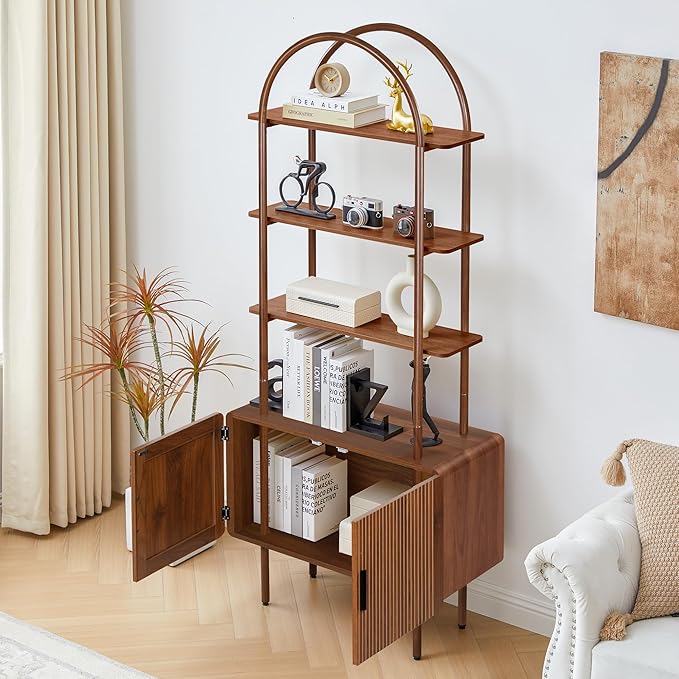 71" Tall Fluted Arched Bookshelf with Doors, Mid Century Modern Metal Bookcase Cabinet with Storage, 4-Tier Industrial Organizer Rack Storage Shelves for Home Office, Living Room (Walnut)