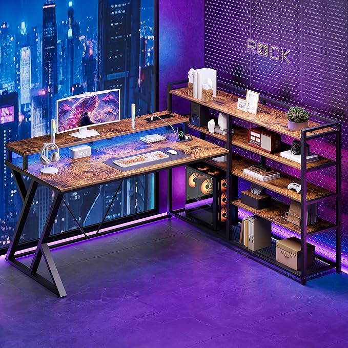 Reversible L Shaped Gaming Desk with Shelves, 52'' L Shaped Computer Desk with Power Outlet and LED Light, Corner Desk with Storage Shelf and Monitor Stand, for Home Office, Rustic Brown