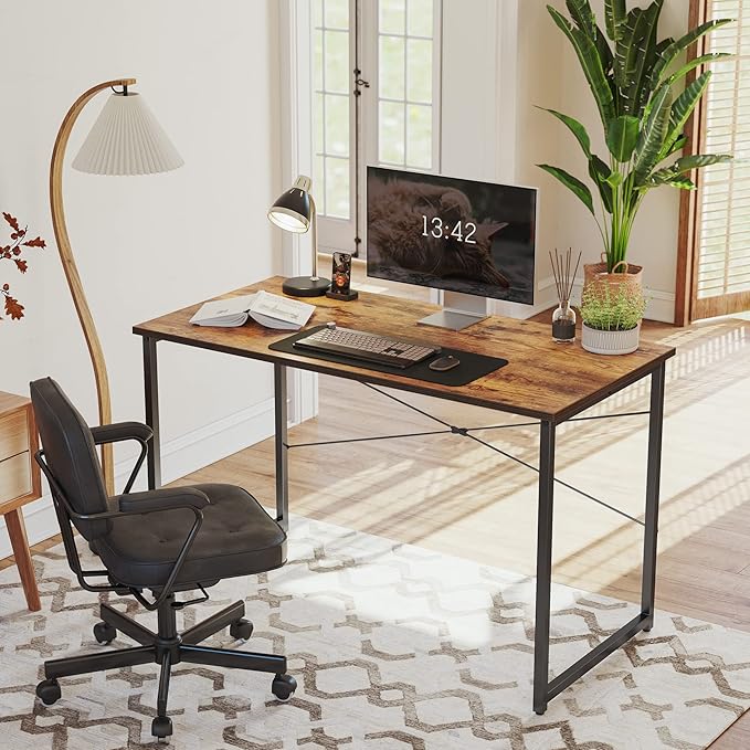 CubiCubi Computer Desk 32" Study Writing Table for Home Office, Modern Simple Style PC Desk, Black Metal Frame, Rustic Brown