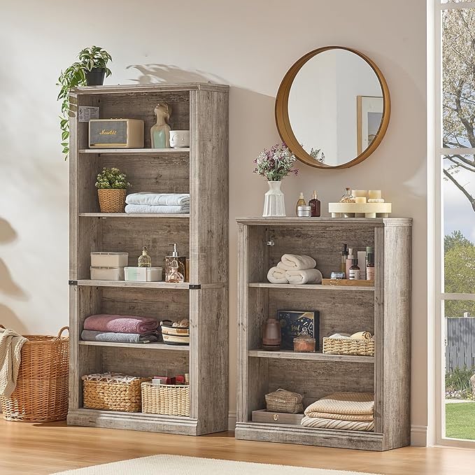70" Grey Tall Bookshelf,5-Tier Thick Wooden Book Shelf with Adjustable Shelves,Free Standing Farmhouse Bookcase with Open Display Storage,Floor Vintage Bookshelves for Living Room,Office