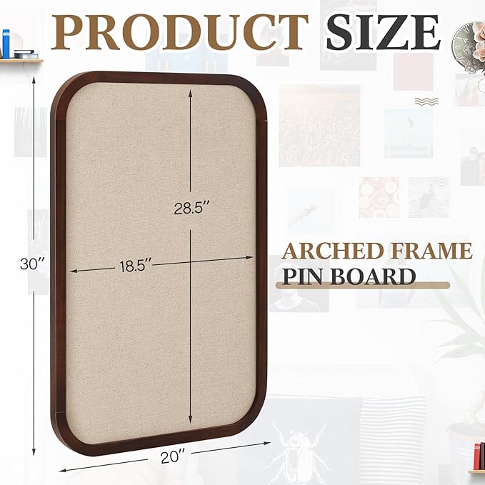 Vintage Framed Pin Board Linen Display Bulletin Board Large Cork Fabric Picture Photo Pinboard Memo Ornate Decorative Pinboard Ornate for Wall Gift(Rectangle,20'' X 30'',Dark Brown)