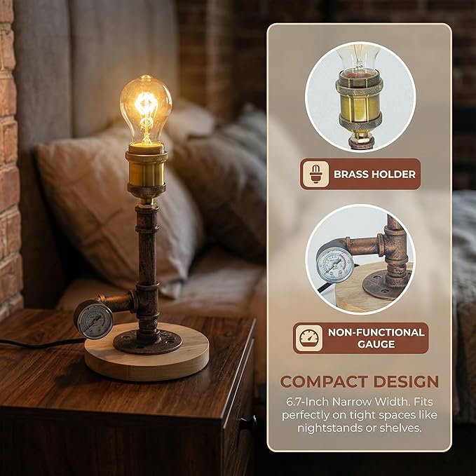 mini Steampunk Compact Copper Pipe Table Lamp with Decorative Pressure Gauge (Wood Base) QTF-BT03