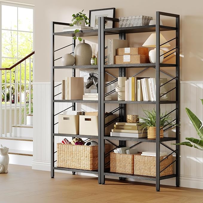 5 Tier Bookshelf, Industrial Tall Bookcase, Modern Display Book Shelf with Metal Frame and Sidebars for Bedroom, Living Room and Home Office, Black