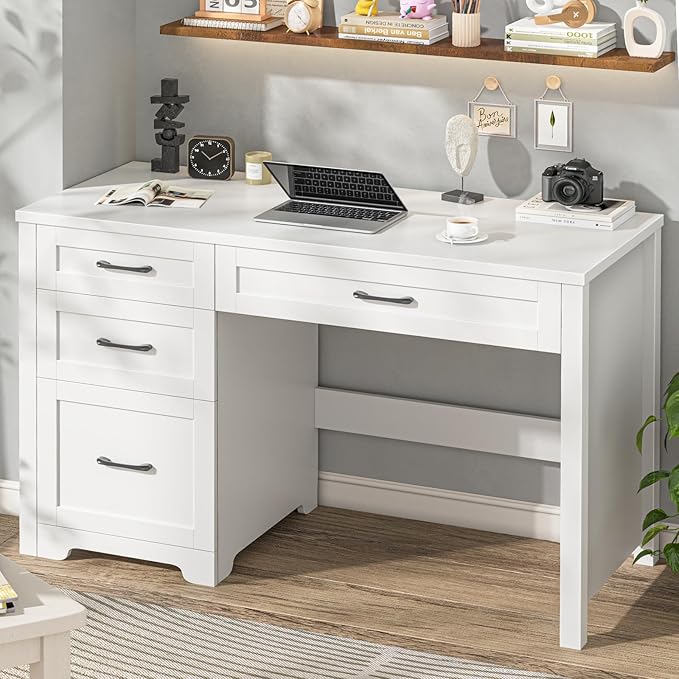 Vabches Farmhouse 47" Executive Desk with File Drawer, Workstation for Home Office, Study, Writing,Wood Computer Desk with 3 Storage Drawers,White