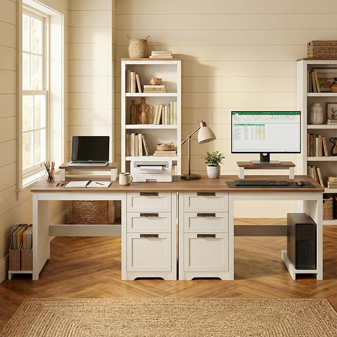 Farmhouse 47.2” Computer Desk with Adjustable File Drawer, 3 Drawers Reversible Executive Desk with PC Case Stand & Movable Monitor Stand , Workstation for Home Office, Study, Writing,(Unique White)