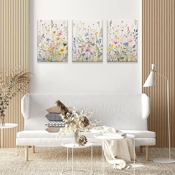 Bwodke Wildflower Wall Art Watercolor Botanical Floral Colorful Canvas Prints Set of 3 Modern Minimalist Flower Pictures Decor Painting Bedroom Bathroom Living Room Nursery 12"x16"