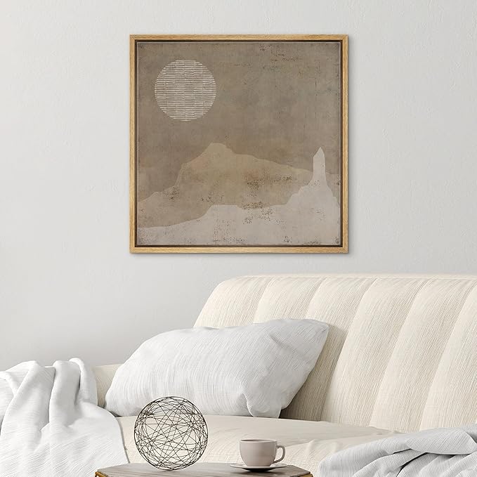 SIGNWIN Framed Canvas Print Wall Art Grunge Dark Brown Minimal Landscape Abstract Shapes Illustrations Modern Art Decorative Boho Relax/Zen Nordic for Living Room, Bedroom, Office - 16"x16" Natural