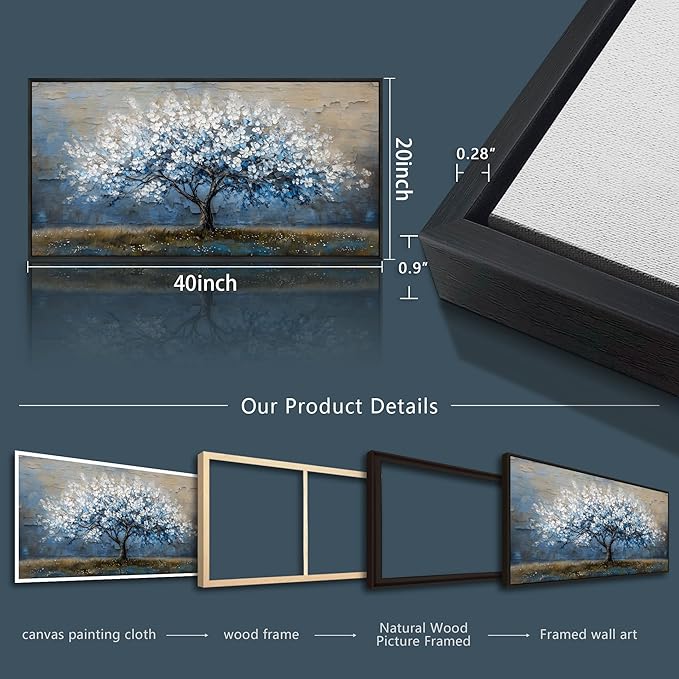 KELIYUAN Large Canvas Wall Art For Living Room Abstract Tree Wall Decor For Bedroom Wall Painting Blue Tree Picture Black Framed Office Dining Room Decor Artwork Hotel Room Mural Home Decor 20"X40"