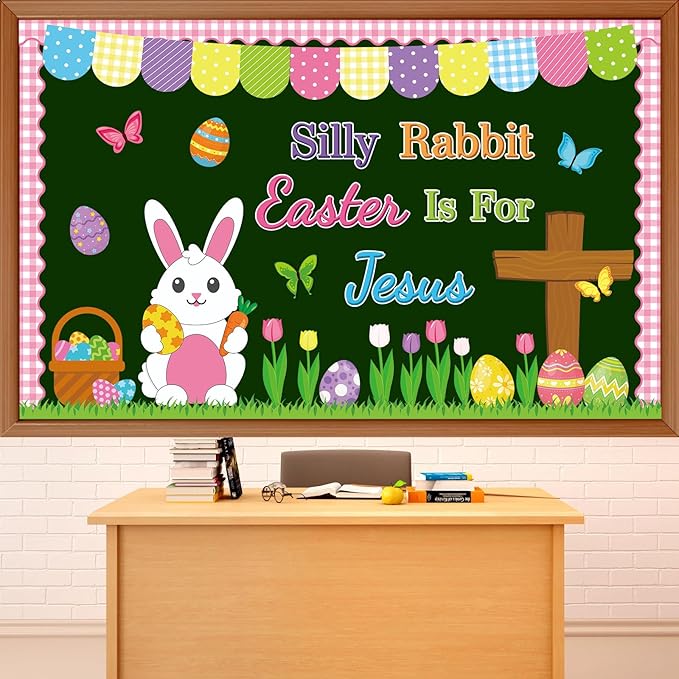 Easter Christian Bulletin Board Decorations Spring Easter Bunny Paper Cutouts Silly Rabbit Easter is for Jesus Religious Bulletin Board for Classroom Bible Sunday School Home Wall Decor Supplies