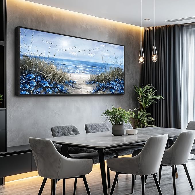 KELIYUAN Blue Ocean Wall Painting Wall Art For Living Room Large Canvas Wall Decor For Bedroom Office Decor Sea Wave Pictures Artwork Modern Beach Posters Aesthetic Home Decor Wooden Frame 32"X72"