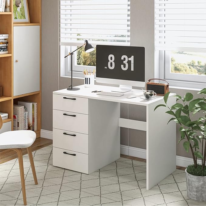 Giantex White Computer Desk with 4 Large Drawers, Home Office Laptop PC Desk, Writing Table, Modern Computer Workstation for Bedroom Study Room