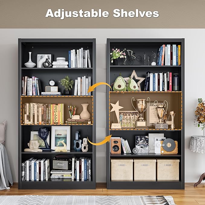 Book Shelf, 14" Deep Bookshelves Cases for Books, Garage Kit, CDs, 66" Tall Bookcase for Home Office Library Living Room, 5 Tier Bookshelf with Adjustable Shelves, Black Bookshelf