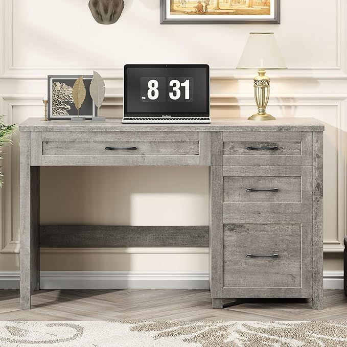 Farmhouse 47" Executive Desk, Computer Desk with File Drawer and Charging Station, Workstation for Home Office, Study.Grey