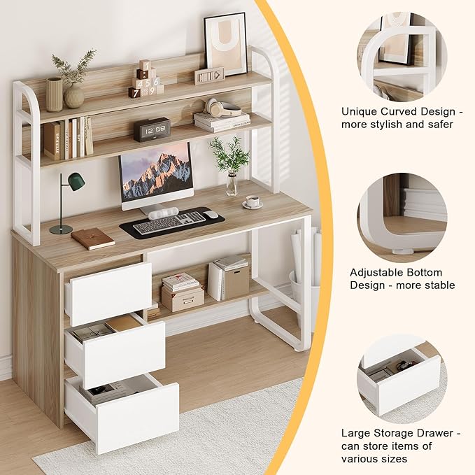 Computer Desk with 3 Drawers and Shelves, 55 Inch Desk with Hutch for Small Spaces, Study Writing Desk with Shelves for Bedrrom, Adjustable Feet, Walnut