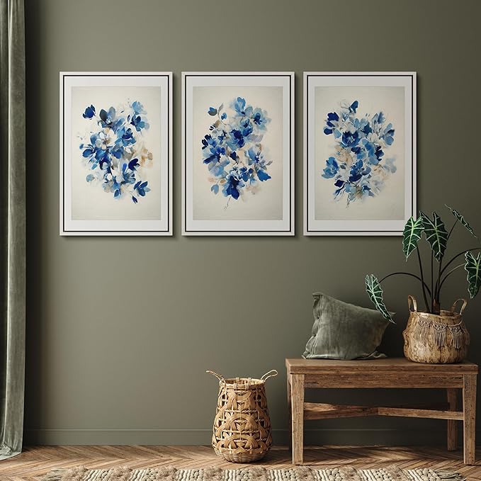 SIGNFORD Framed Wall Art Print Set Blue Blossom Watercolor Floral Botanical Digital Art Modern Art Contemporary for Living Room, Bedroom, Office - 16"x24"x3 WHITE