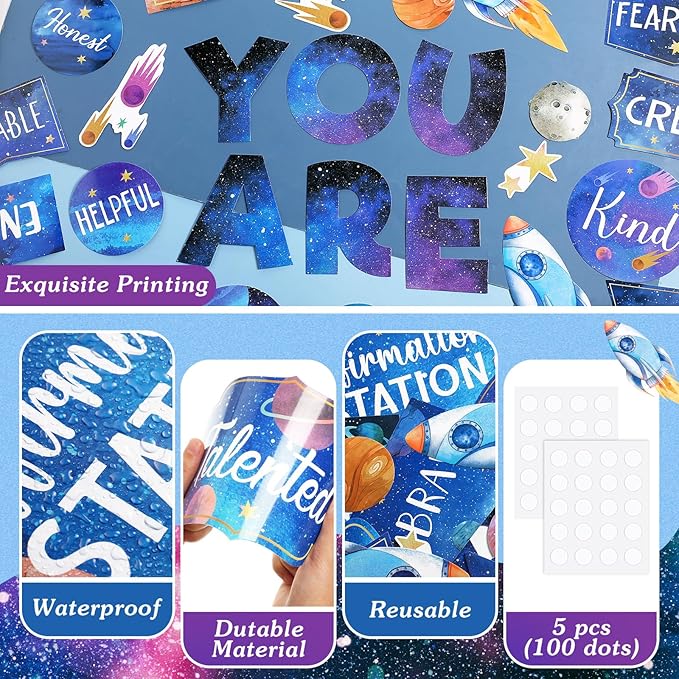 45pcs Space Affirmation Station Bulletin Board Set Motivational Posters Classroom Mirror Growth Mindset Decor Positive Affirmations Accents Cutouts for School Office Home Teacher Wall Supply