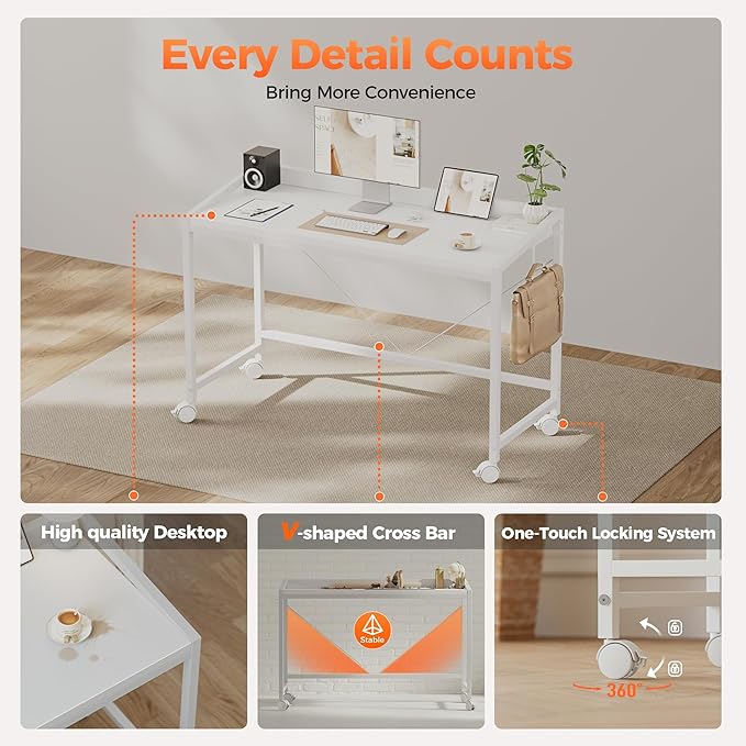 Mericonia 48 inch Rolling Computer Desk with Wheels, Gaming Desk for Small Spaces, Modern Simple Style Table for Home Office, Study Writing Table