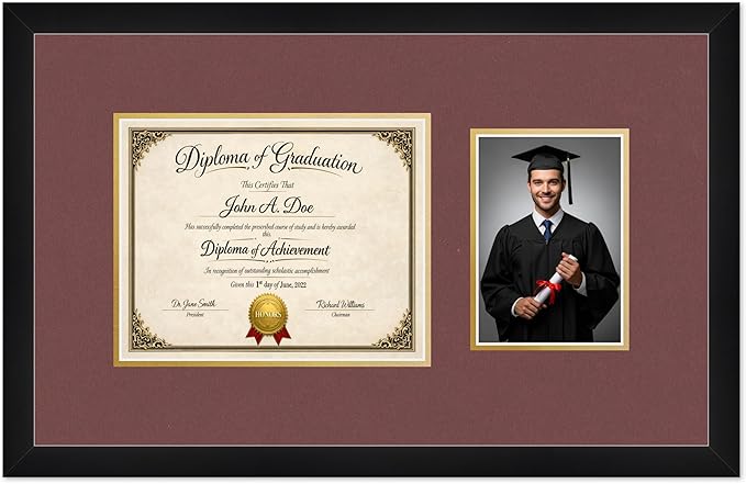 Diploma Frame With Photo Opening Matte Black Dark Red Over Gold Mat - Fits 10 x 8 Degree and Picture Made in the USA