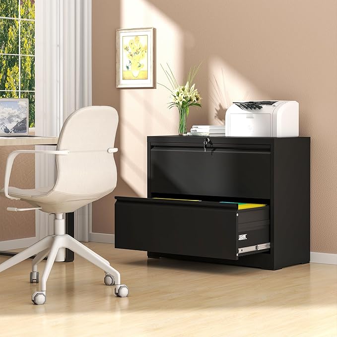 File Cabinet with Lock, 2 Drawer Lateral Filing Cabinet for Home Office, Metal Heavy Duty File Cabinets for Hanging Letter/Legal/F4/A4 Size Files, Assembly Required (Black)
