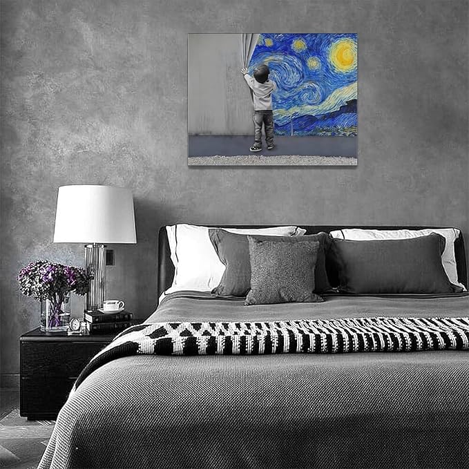 Banksy Wall Art Boys Starry Night Street Graffiti Pictures Wall Decor Kids Canvas Painting Pop Home Modern Artwork Decorations Framed for Living Room Bedroom Bathroom Office 16 x 12 inch